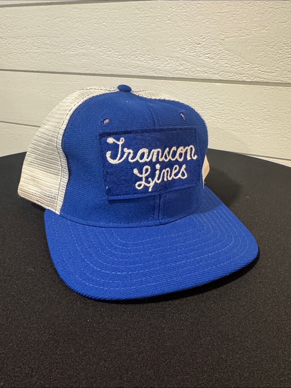 VINTAGE 70’s/80’s NEW ERA TRANSCON LINES Blue & White Mesh Trucker Hat-OS